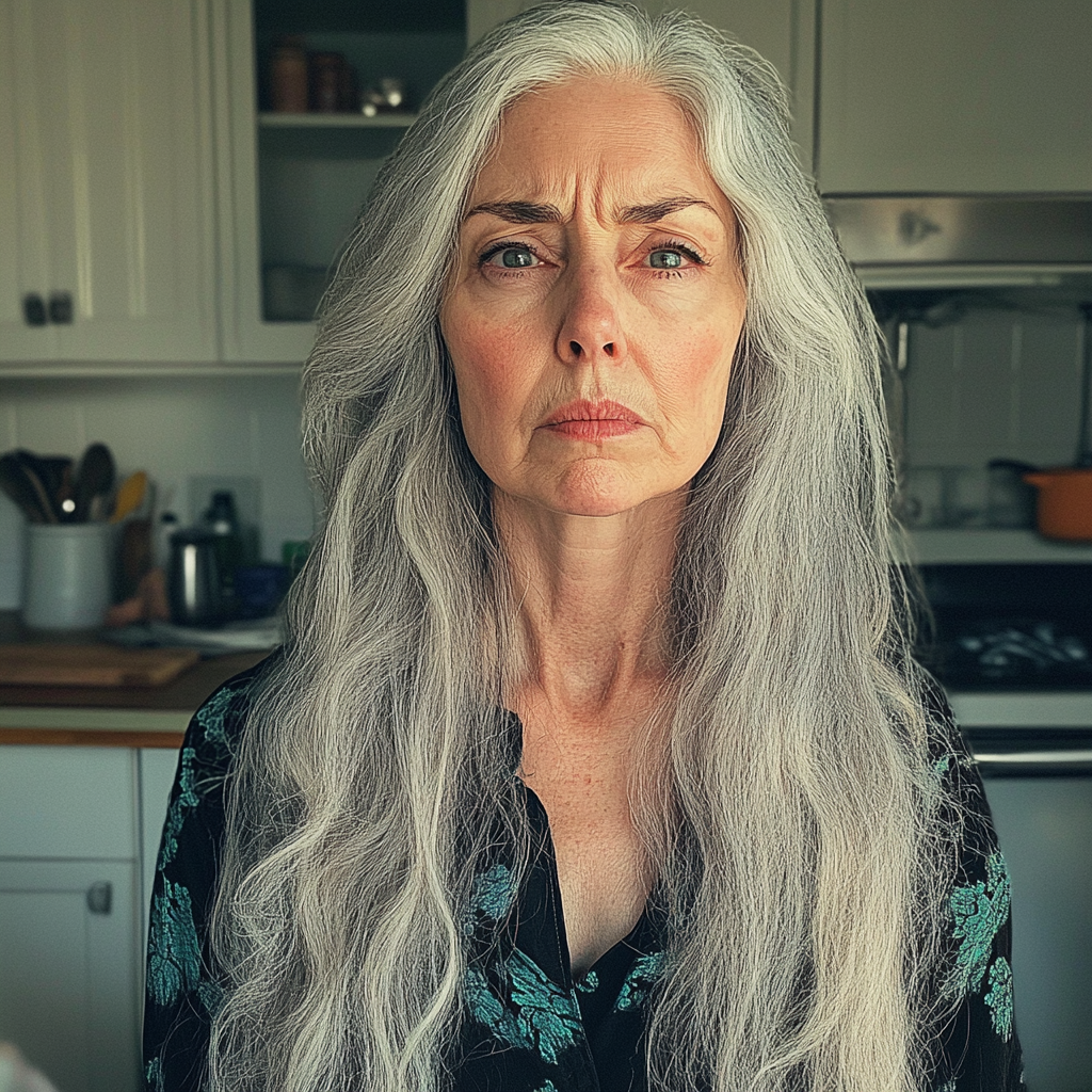 A glum woman standing in a kitchen | Source: no source