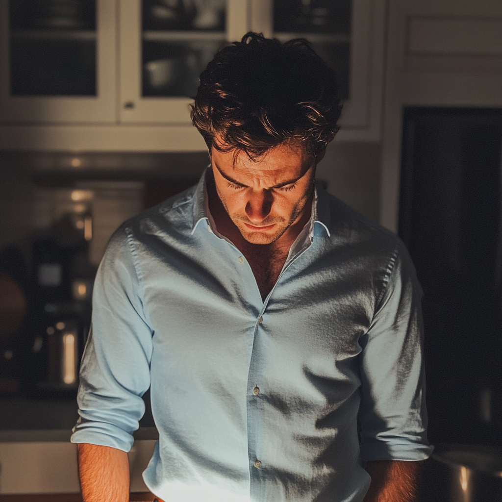 An upset man standing in a kitchen | Source: no source