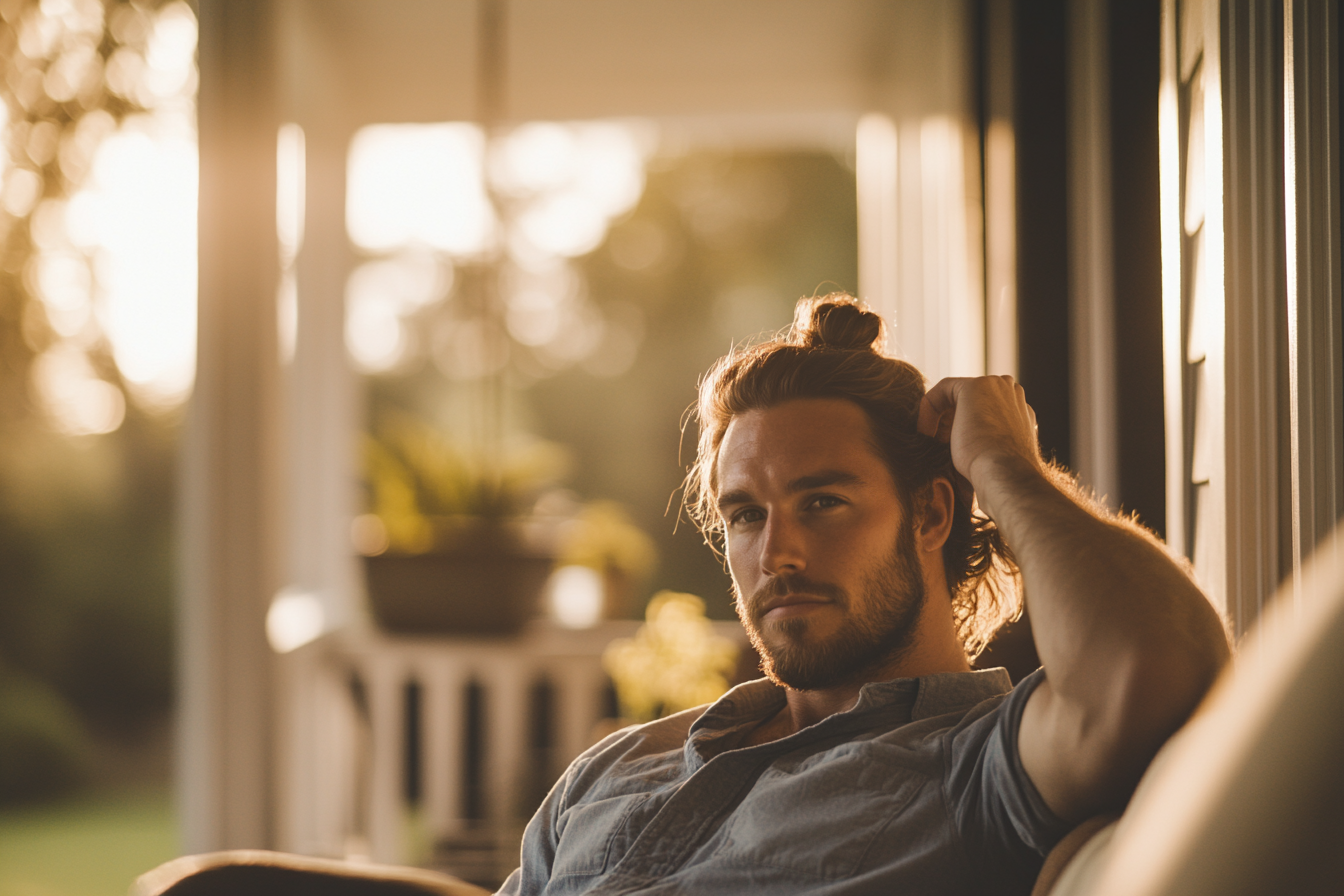 A man sits on a porch swing running his hand through his hair | Source: no source