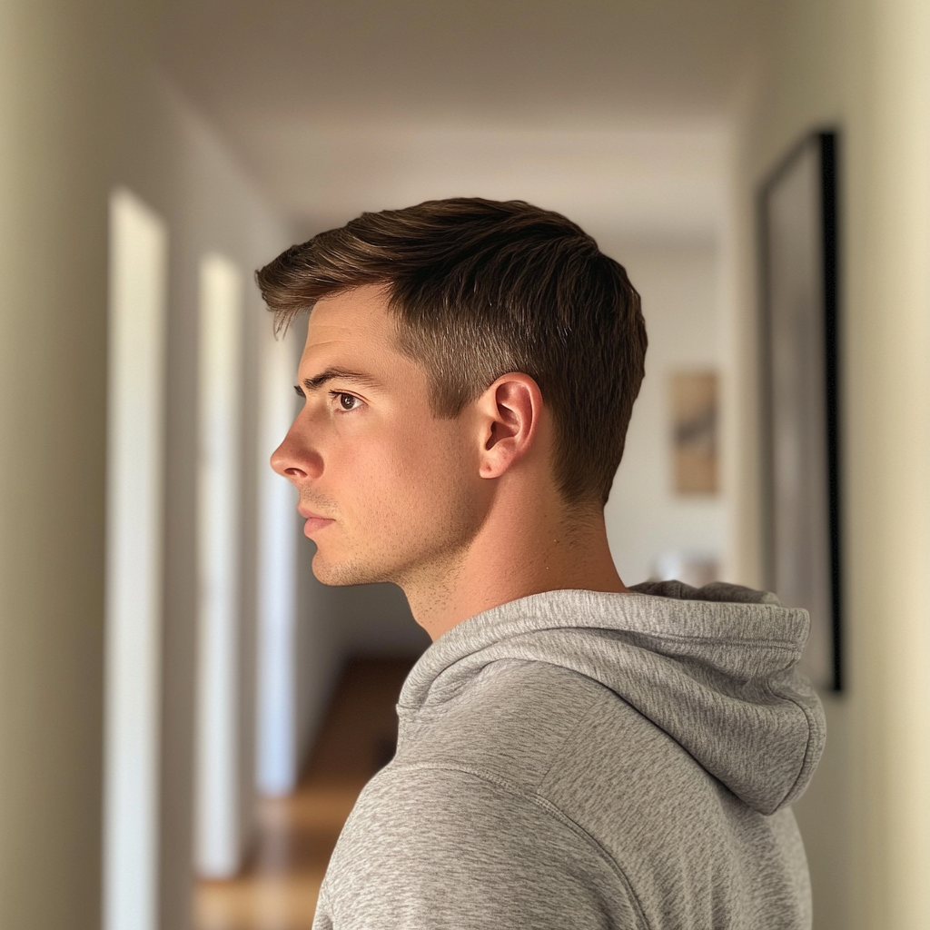 A side profile of a man standing in a hallway | Source: No source
