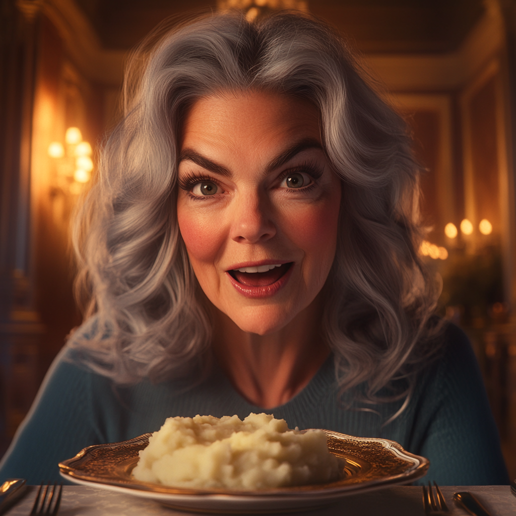 A delighted older woman seated at a dining table | Source: No source