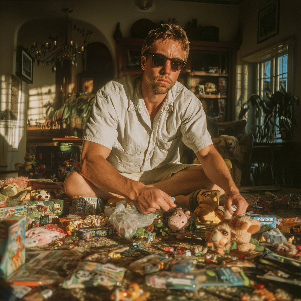 A serious man packing up toys | Source: No source