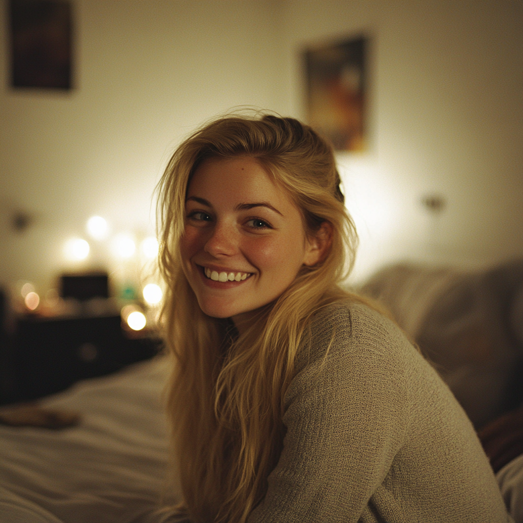 A smiling woman in her bedroom | Source: no source