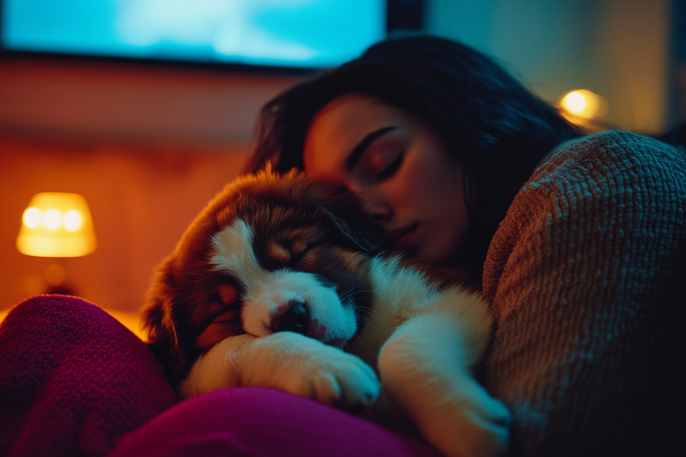 A black-haired woman in her 30s curls up with a sleeping Saint Bernard puppy on the couch while watching TV | Source: No source