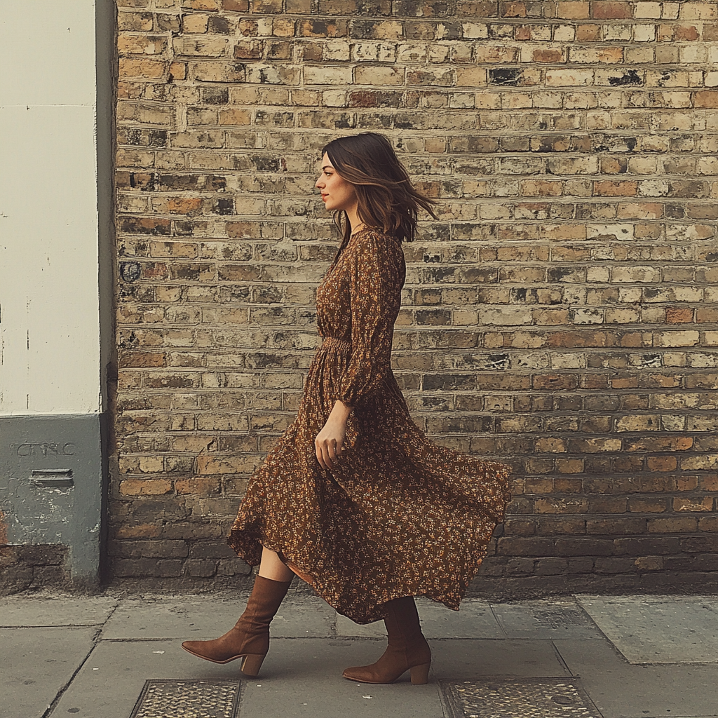 A woman walking down a street | Source: No source