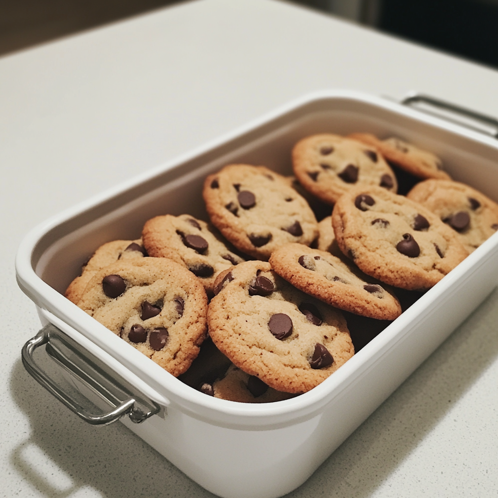 A container of chocolate chip cookies | Source: no source