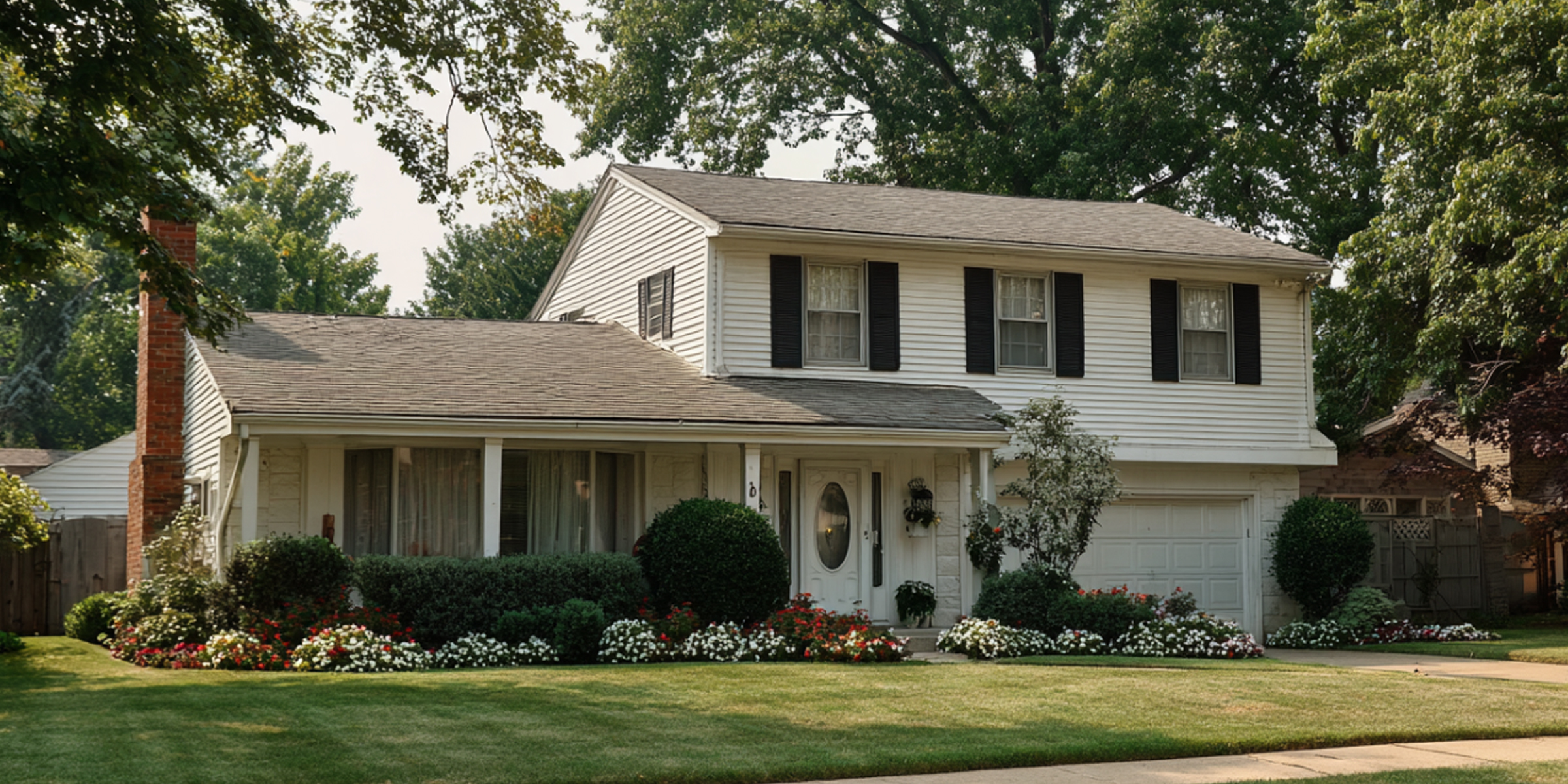 A suburban home with white siding, black shutters, and a lush front yard lined with colorful flowers | Source: No source