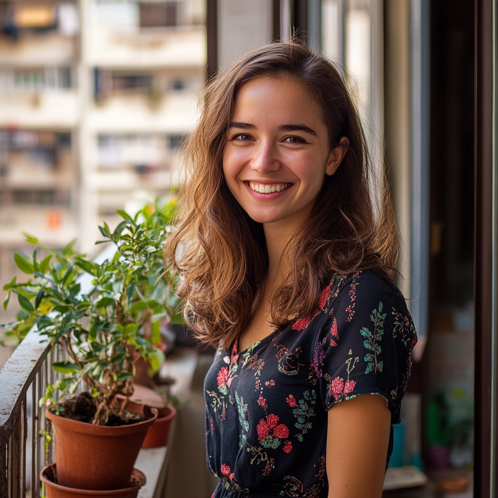A smiling woman on a balcony | Source: no source