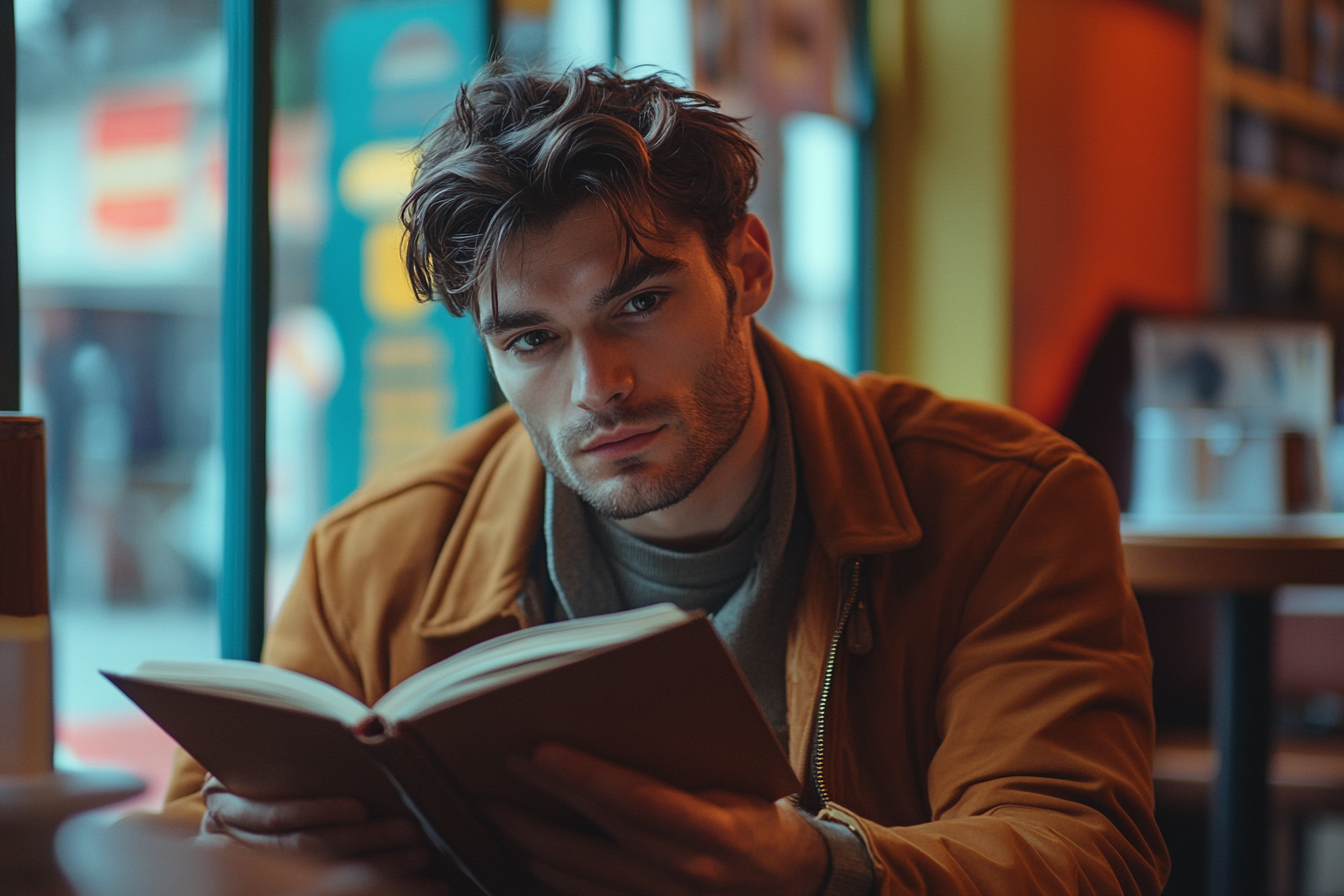 A man with a book in a coffee shop | Source: no source
