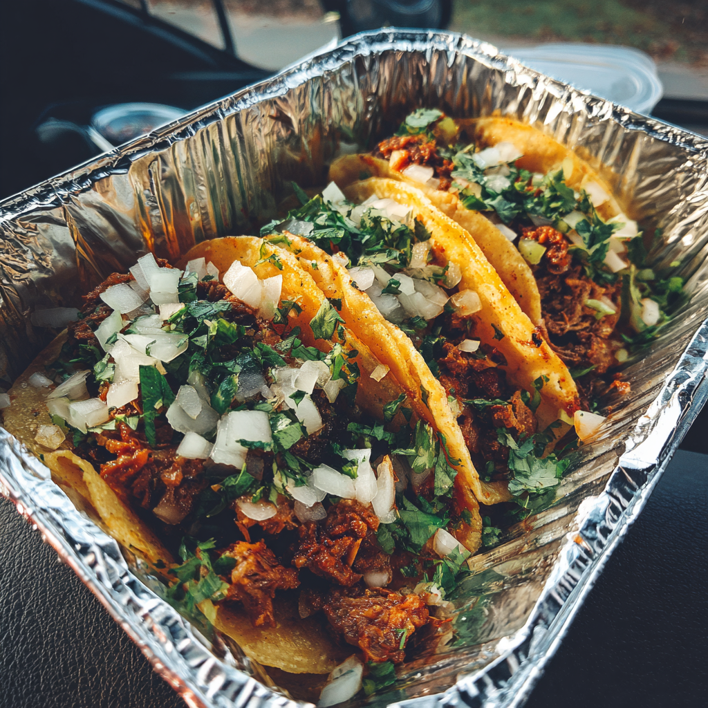 A foil container of tacos | Source: No source