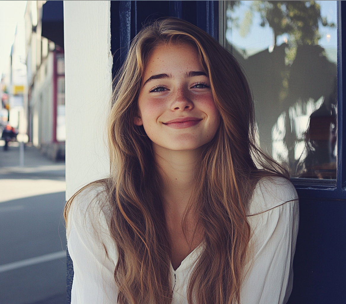 A young woman sitting outside a coffee shop | Source: No source