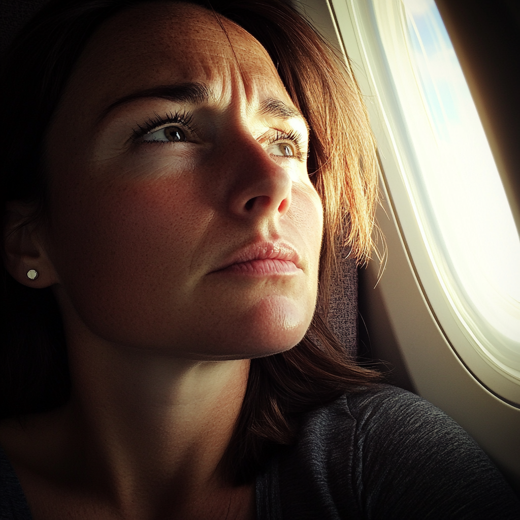 A frowning woman in an airplane | Source: No source