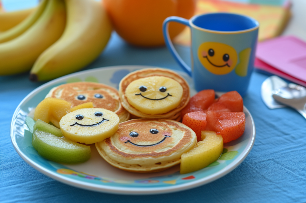 A plate of decorated pancakes and fruit | Source: No source
