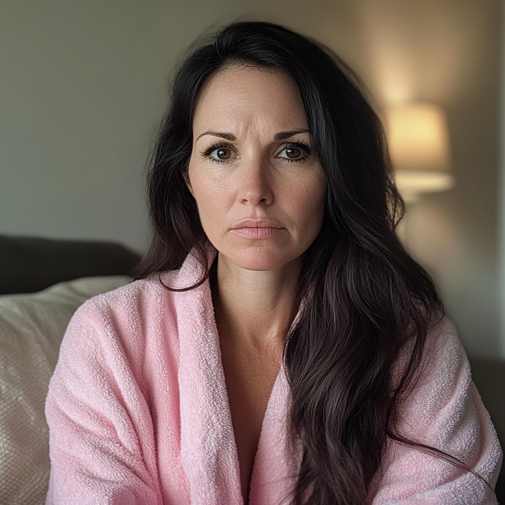 A woman sitting on a couch wearing a pink robe | Source: no source