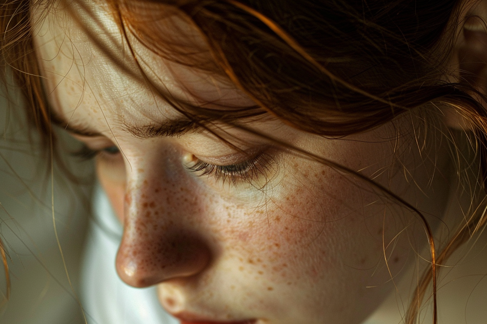 A sad woman with her eyes downcast | Source: No source