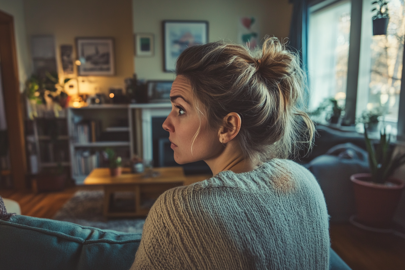 A worried woman in a living room | Source: no source