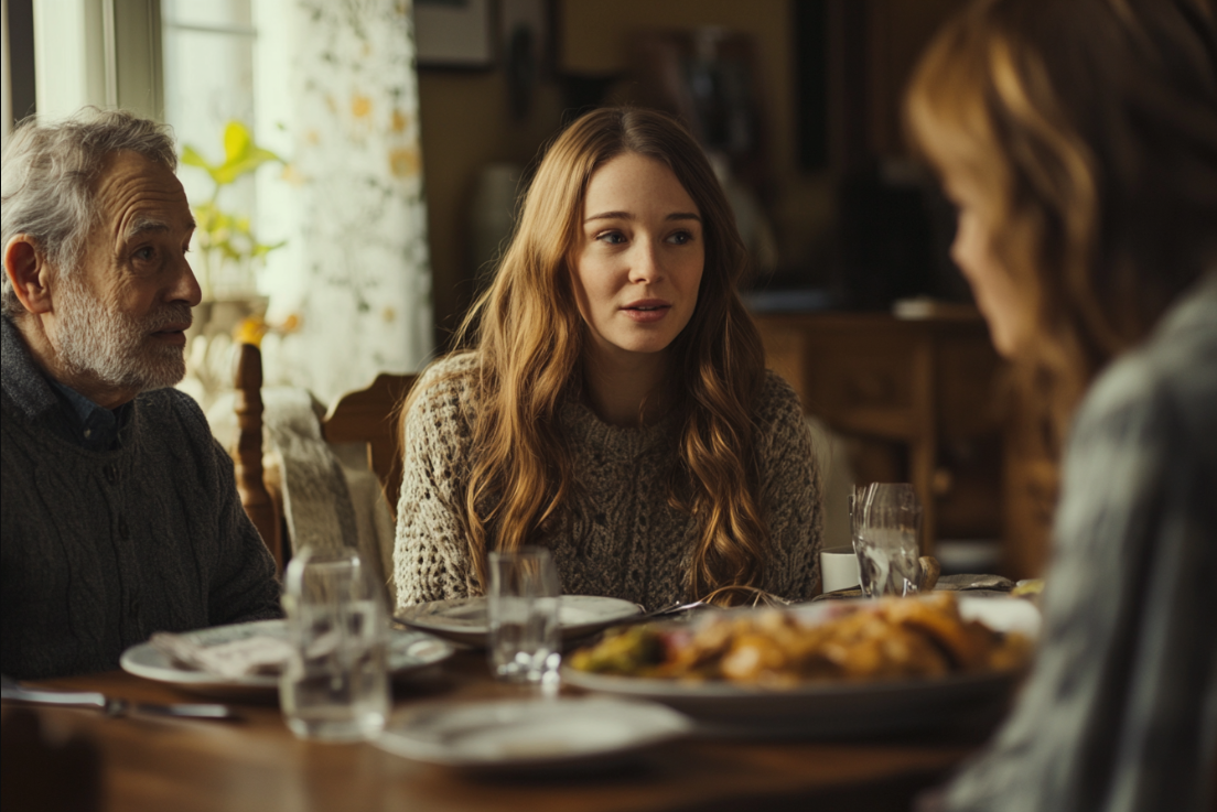 A woman speaking to her parents over dinner | Source: No source