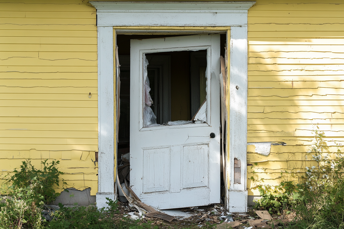 A completely destroyed front door | Source: no source