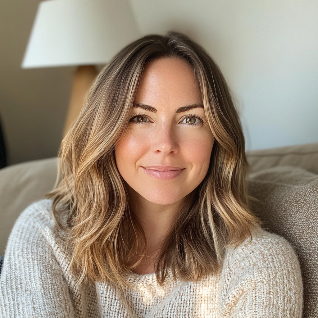 A close up of a smiling woman sitting on a couch | Source: no source