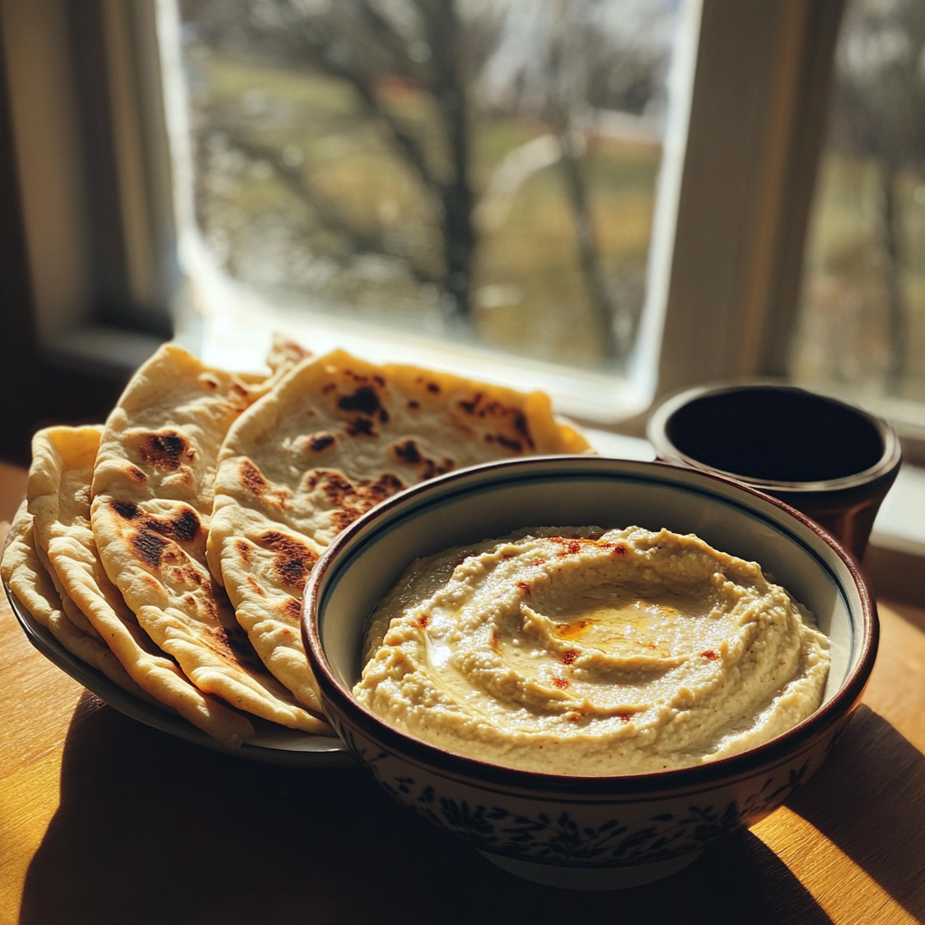 A bowl of hummus and flatbread | Source: No source