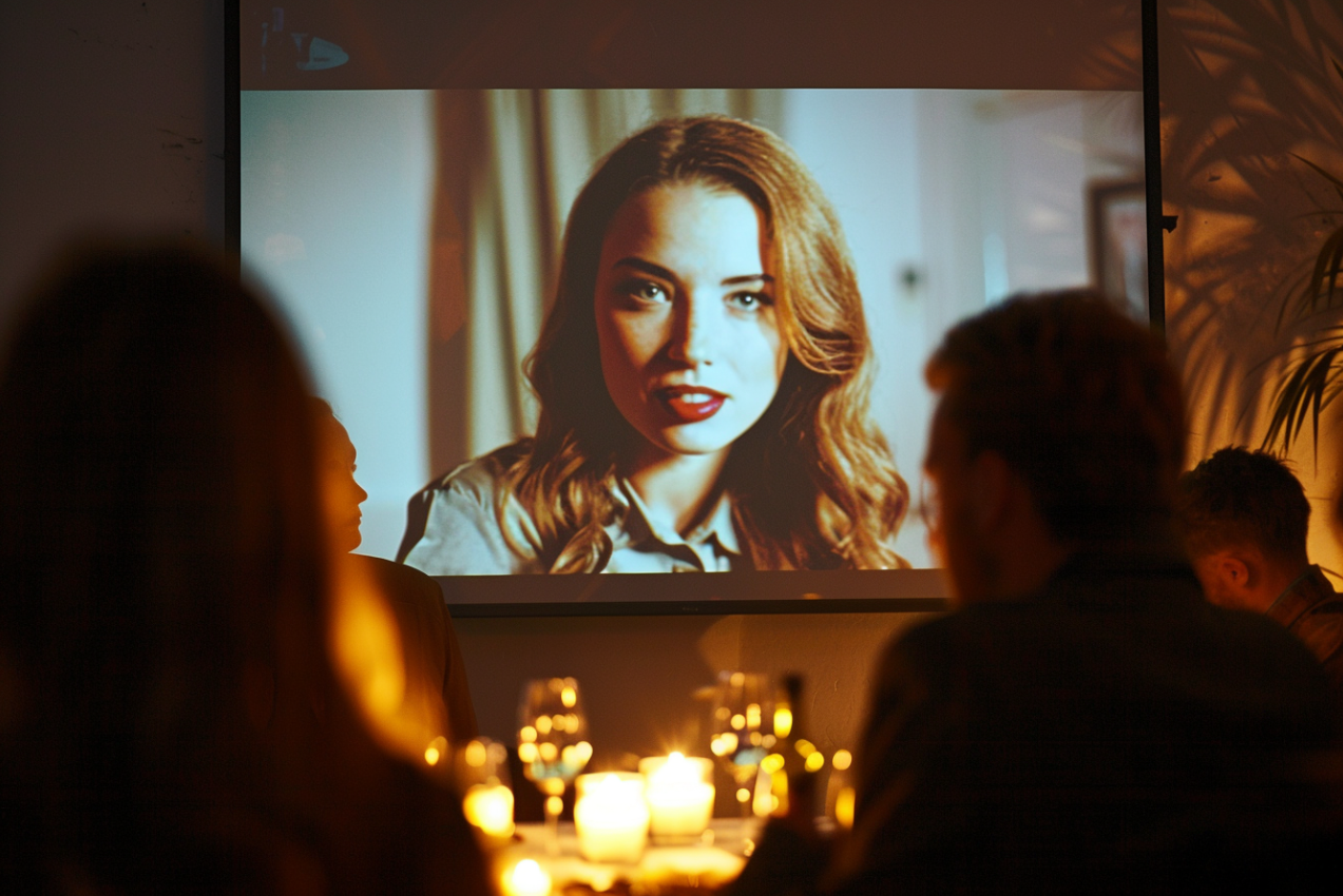 Wedding guests looking at a slideshow | Source: no source