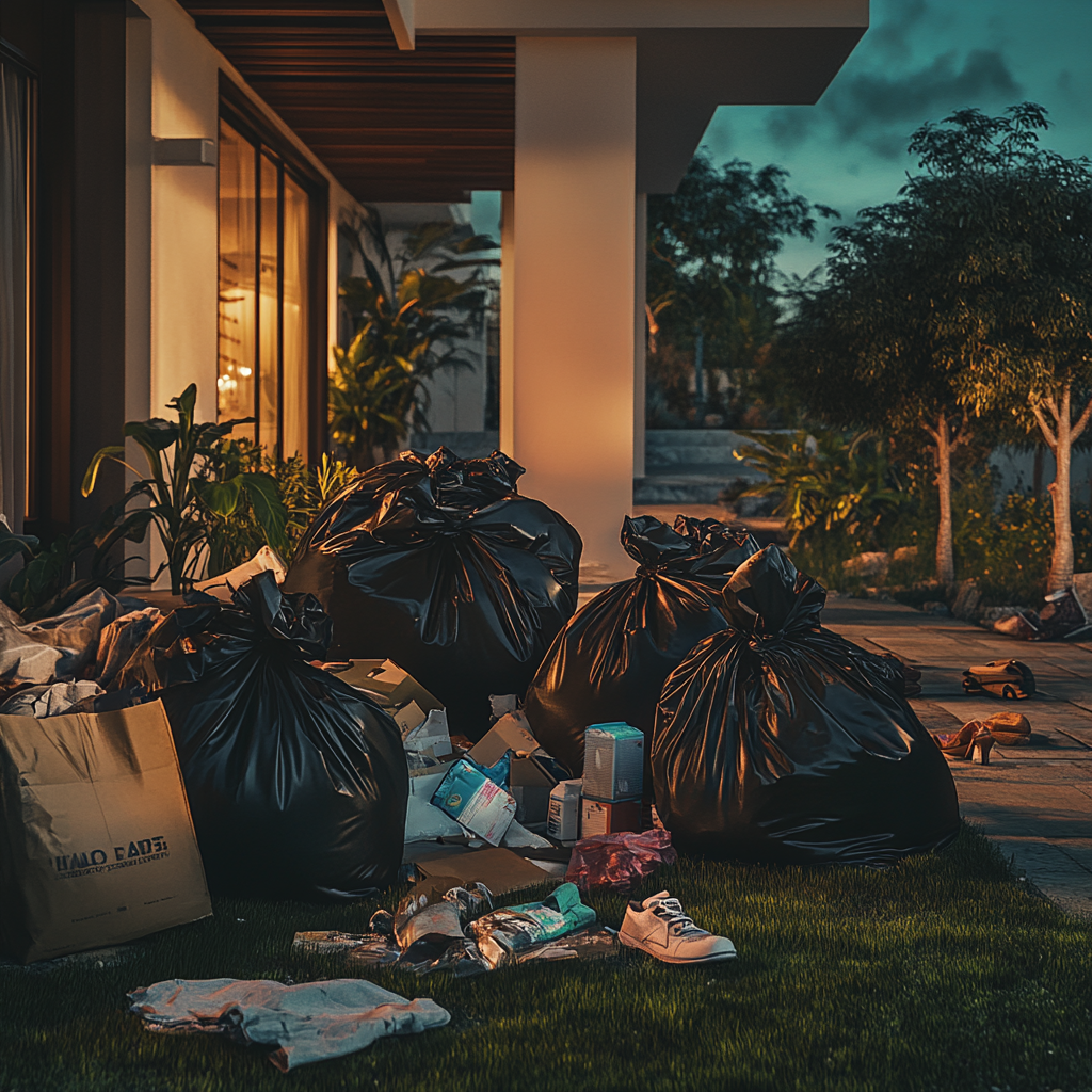 A person's belongings discarded in trash bags outside a house | Source: No source