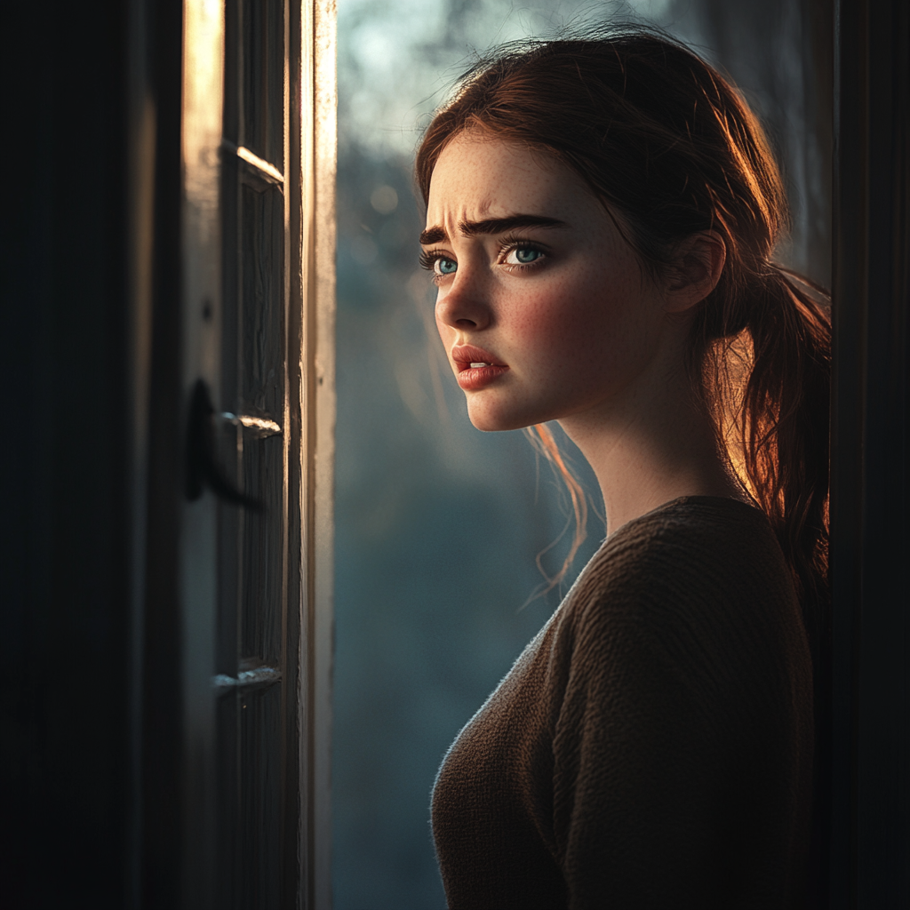 A heartbroken woman at the doorway | Source: no source