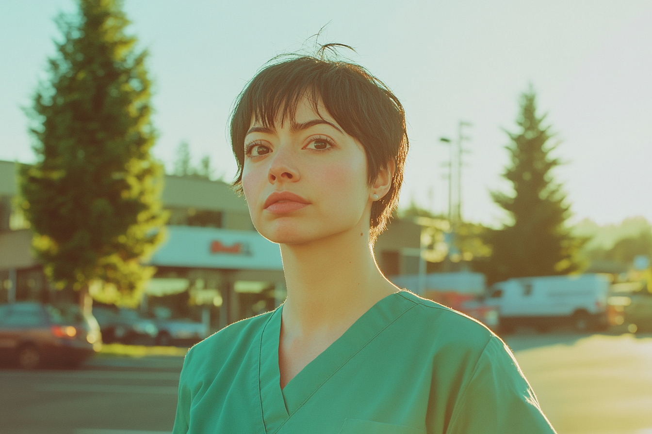 A woman standing in a grocery store parking lot, frowning | Source: no source