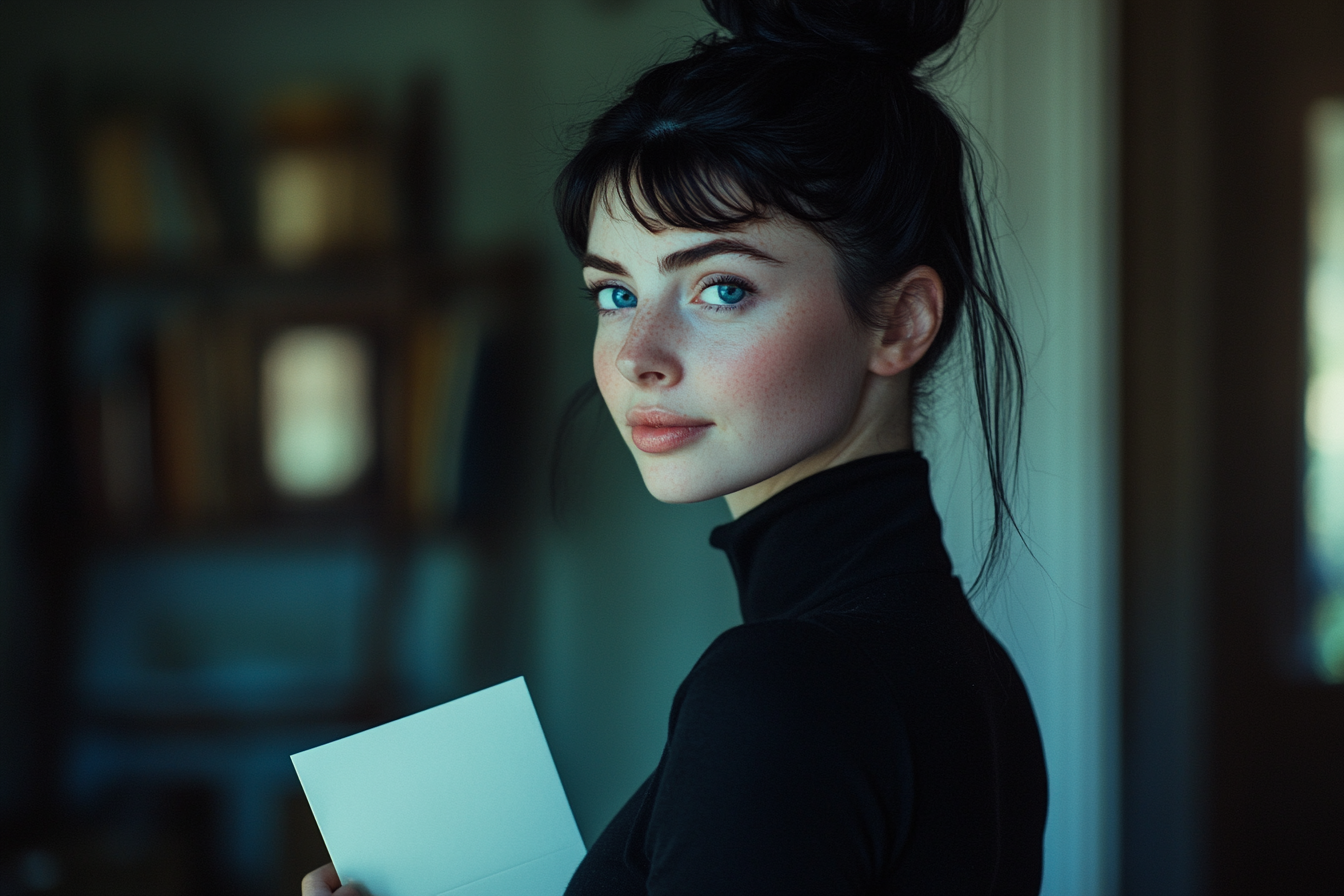 Woman smiling while holding an envelope in a study | Source: no source
