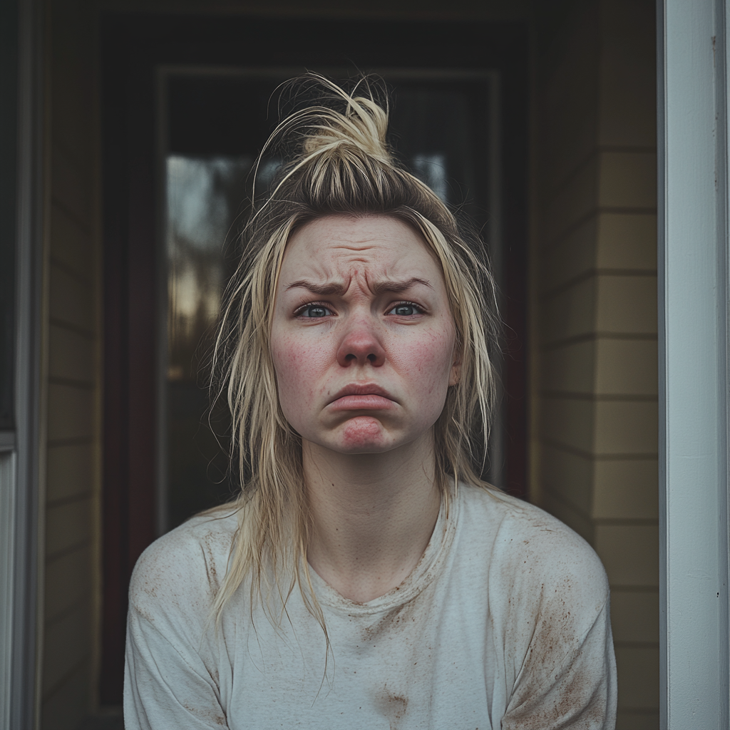 A blonde-haired woman looking desperate and sad while standing outside a house | Source: no source