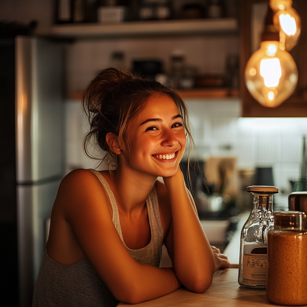 A laughing woman in her kitchen | Source: No source