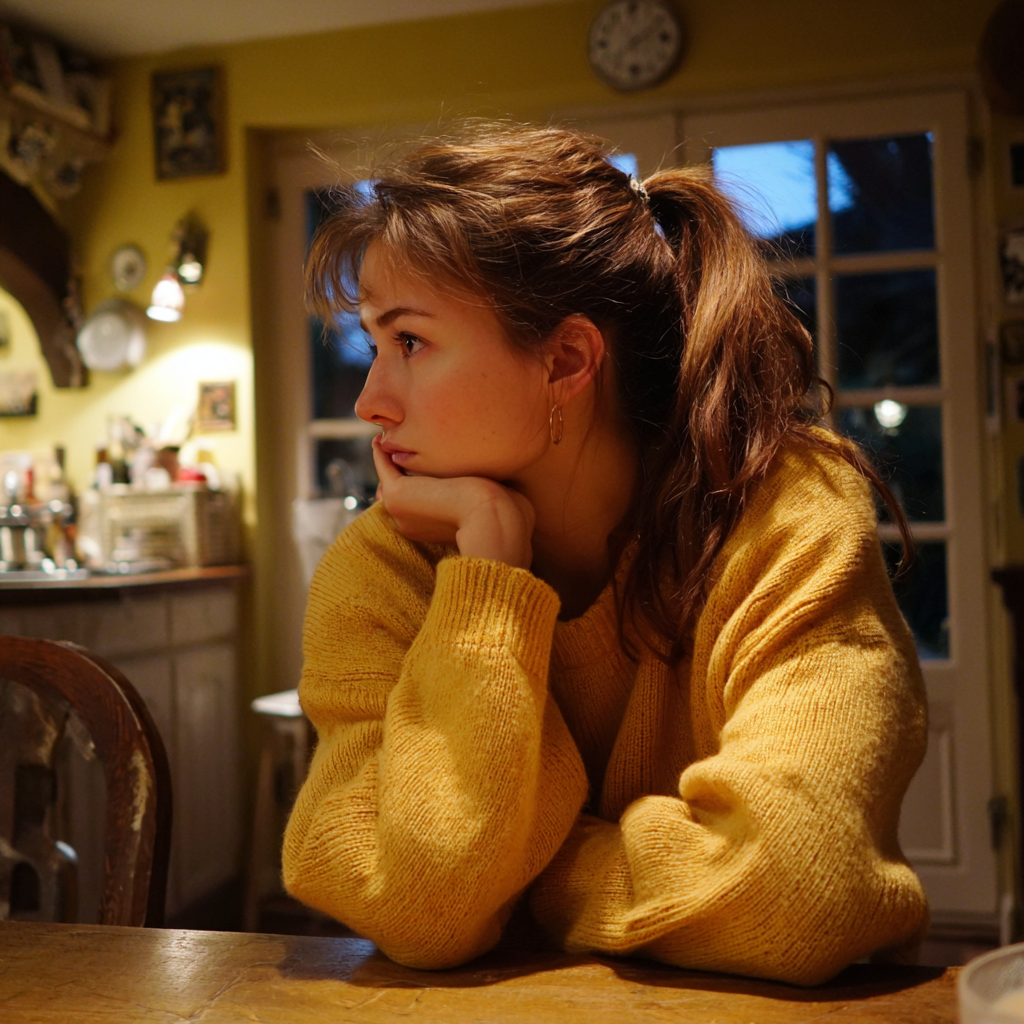 A pensive young woman sitting at a dinner table | Source: No Source