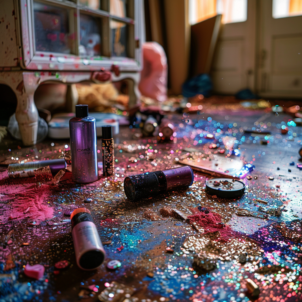 A mess caused by cheap, sticky, and glittery products spilled on the floor | Source: No source