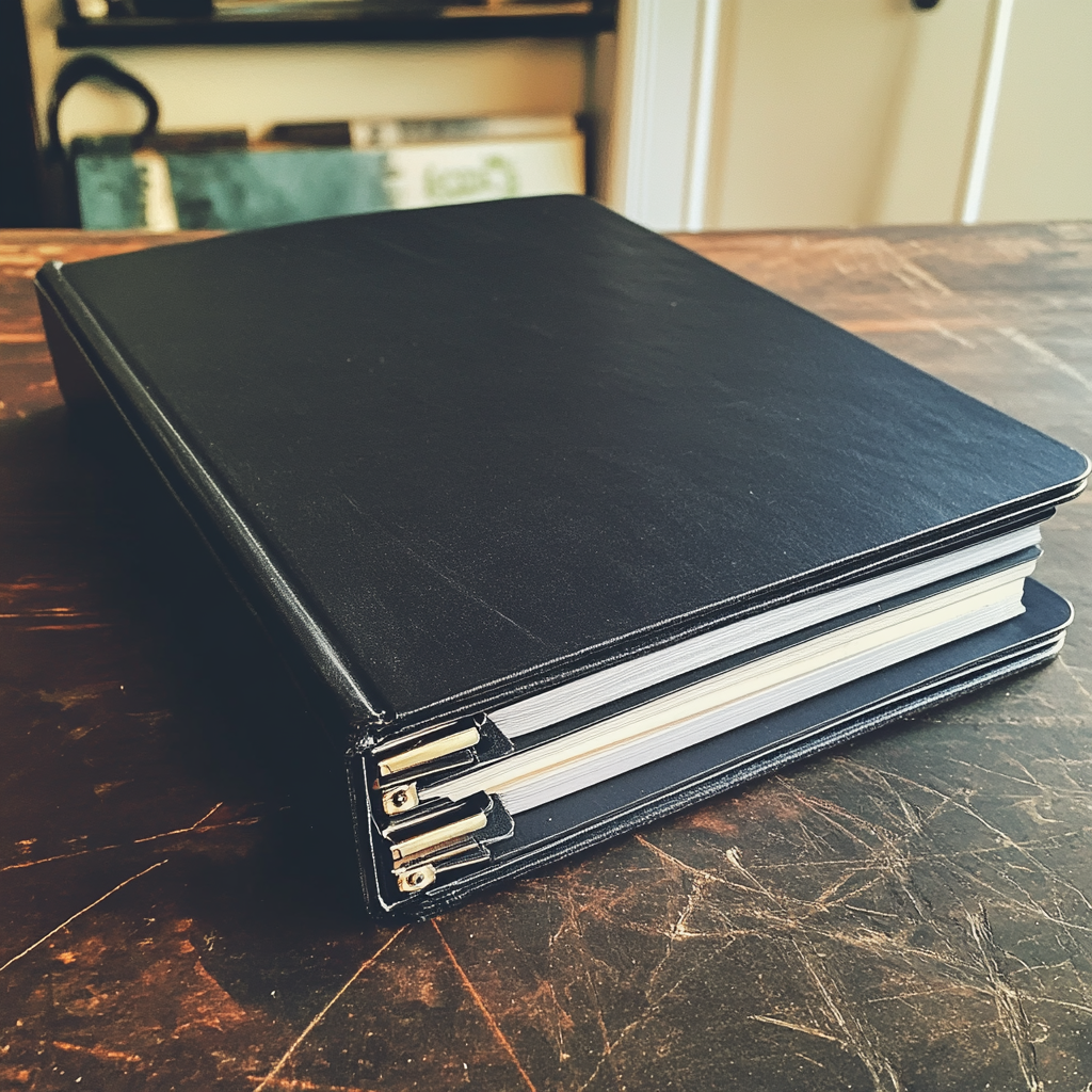 A black binder on a table | Source: No source