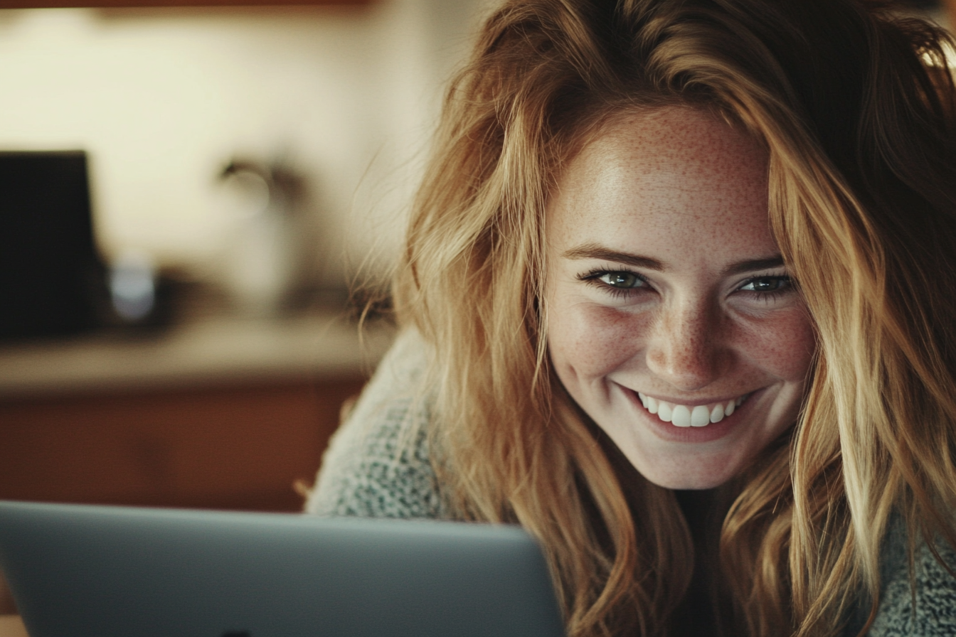 A woman smirking while using her laptop | Source: No source
