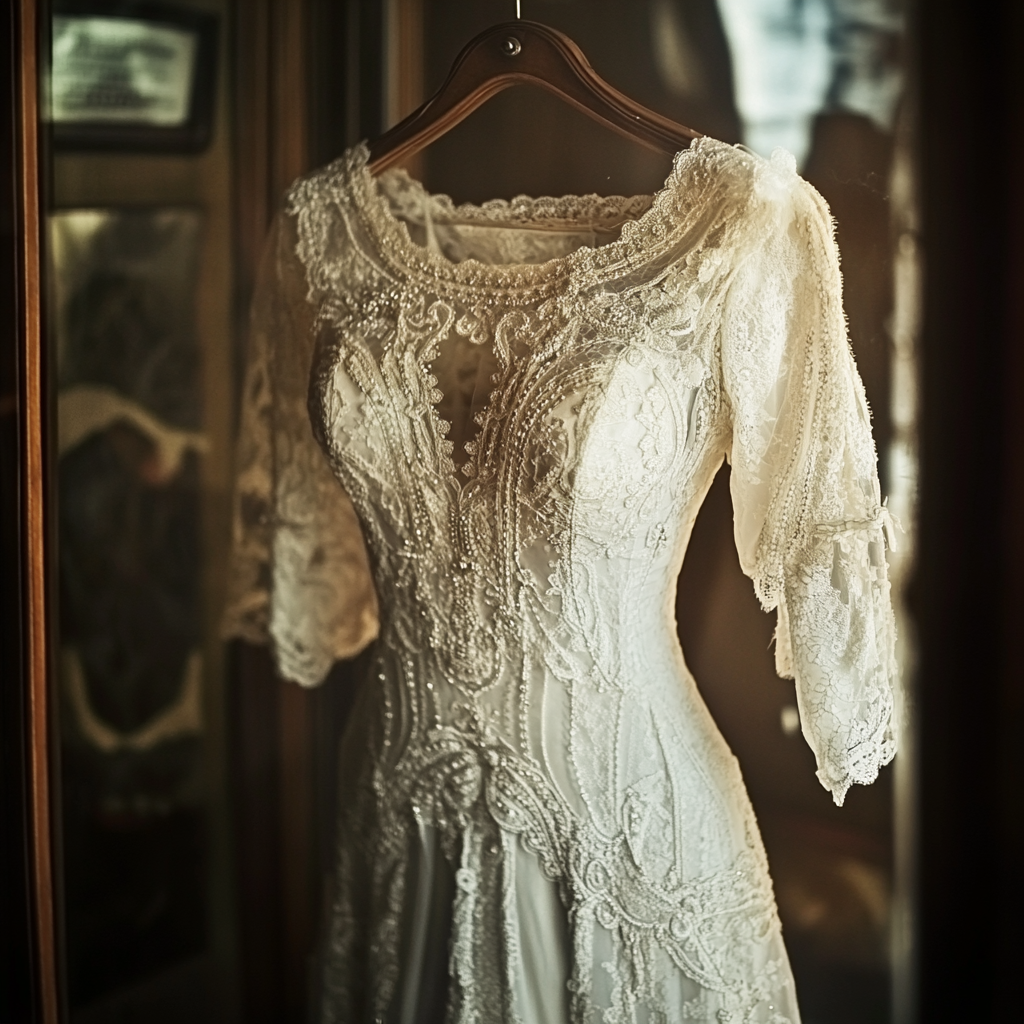 A vintage wedding dress on a hanger | Source: No source