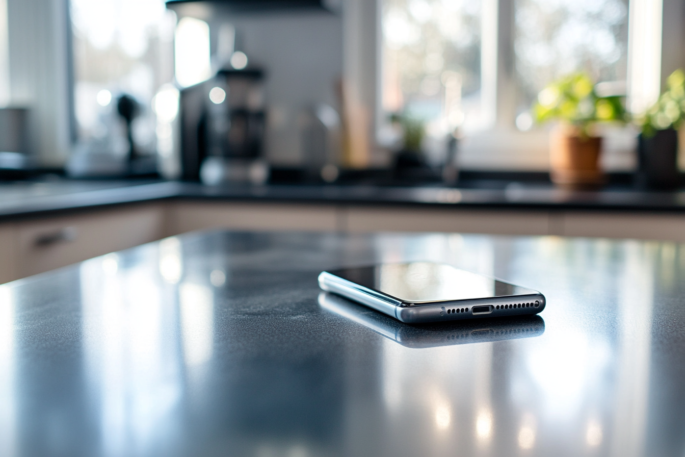 A cell phone on a kitchen counter | Source: no source
