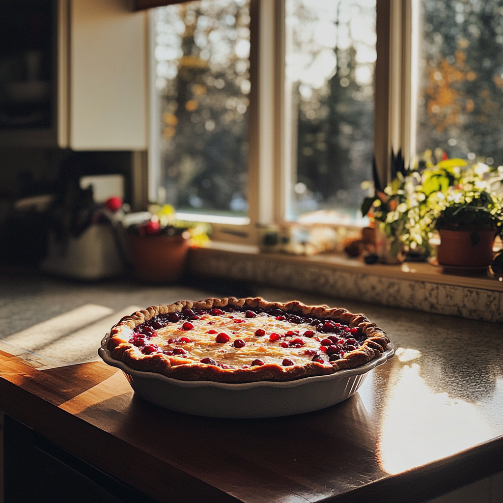 A freshly baked pie on a kitchen counter | Source: No source
