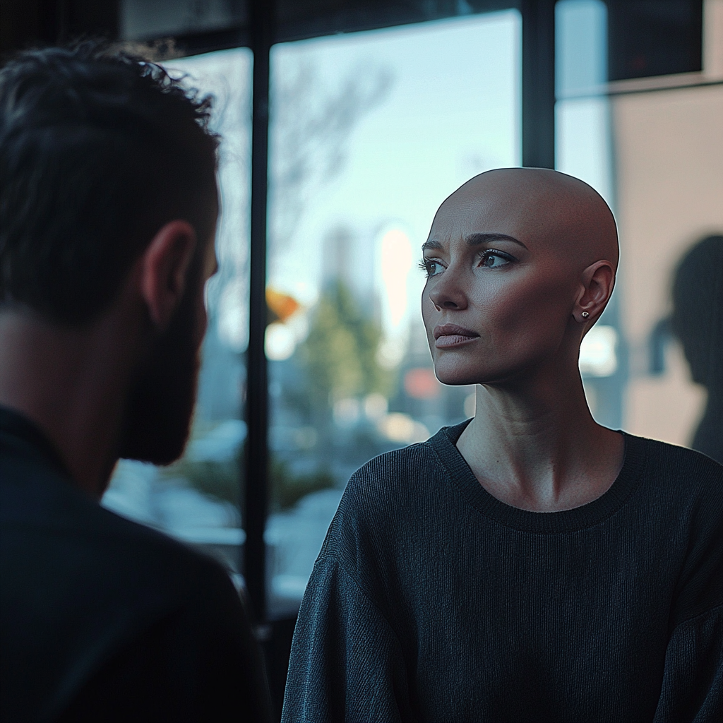 Bald woman talking to her fiancé | Source: no source