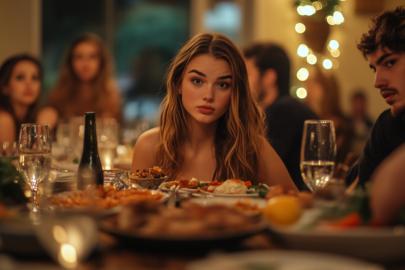 Woman with a slightly shocked expression at a dinner table | Source: no source