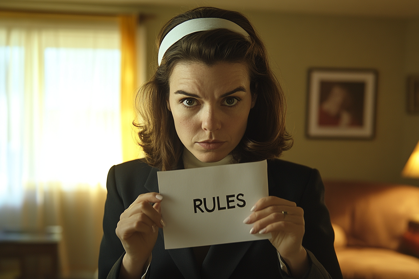 A woman in her 30s is holding a folded paper that reads "Rules" | Source: No source