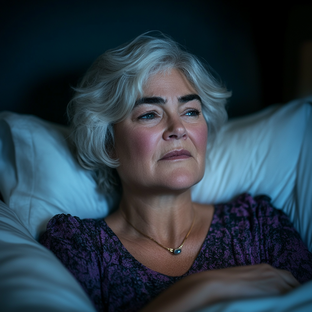 A sad and worried woman lying in bed awake at night | Source: no source