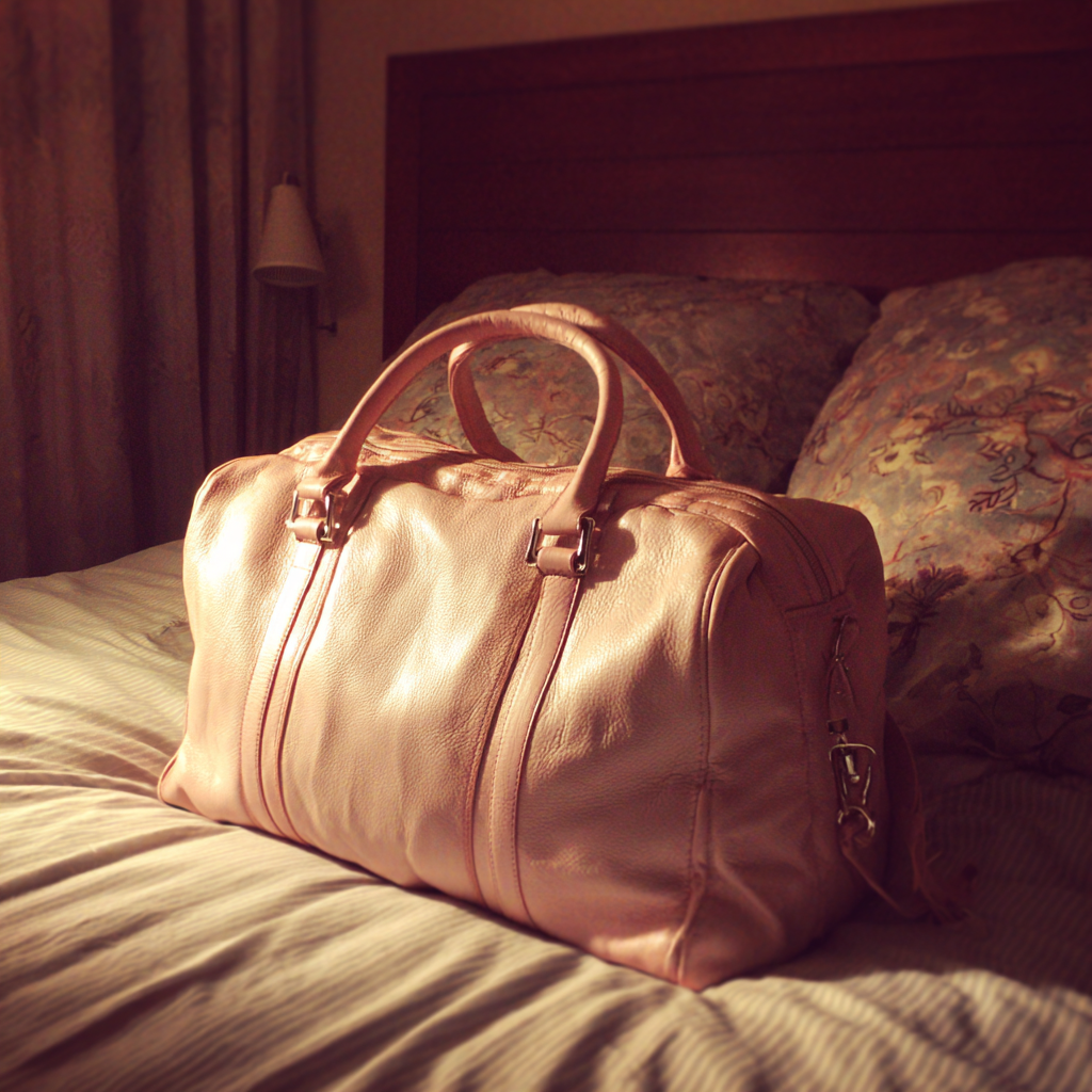 A pale pink bag on a bed | Source: No source