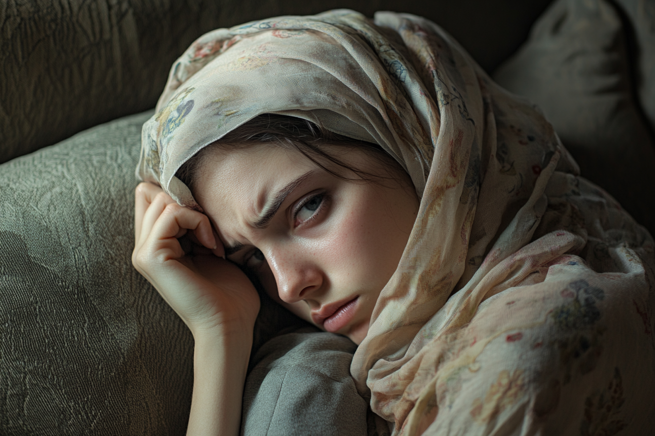 A depressed woman wearing a headscarf lying on a sofa | Source: No source