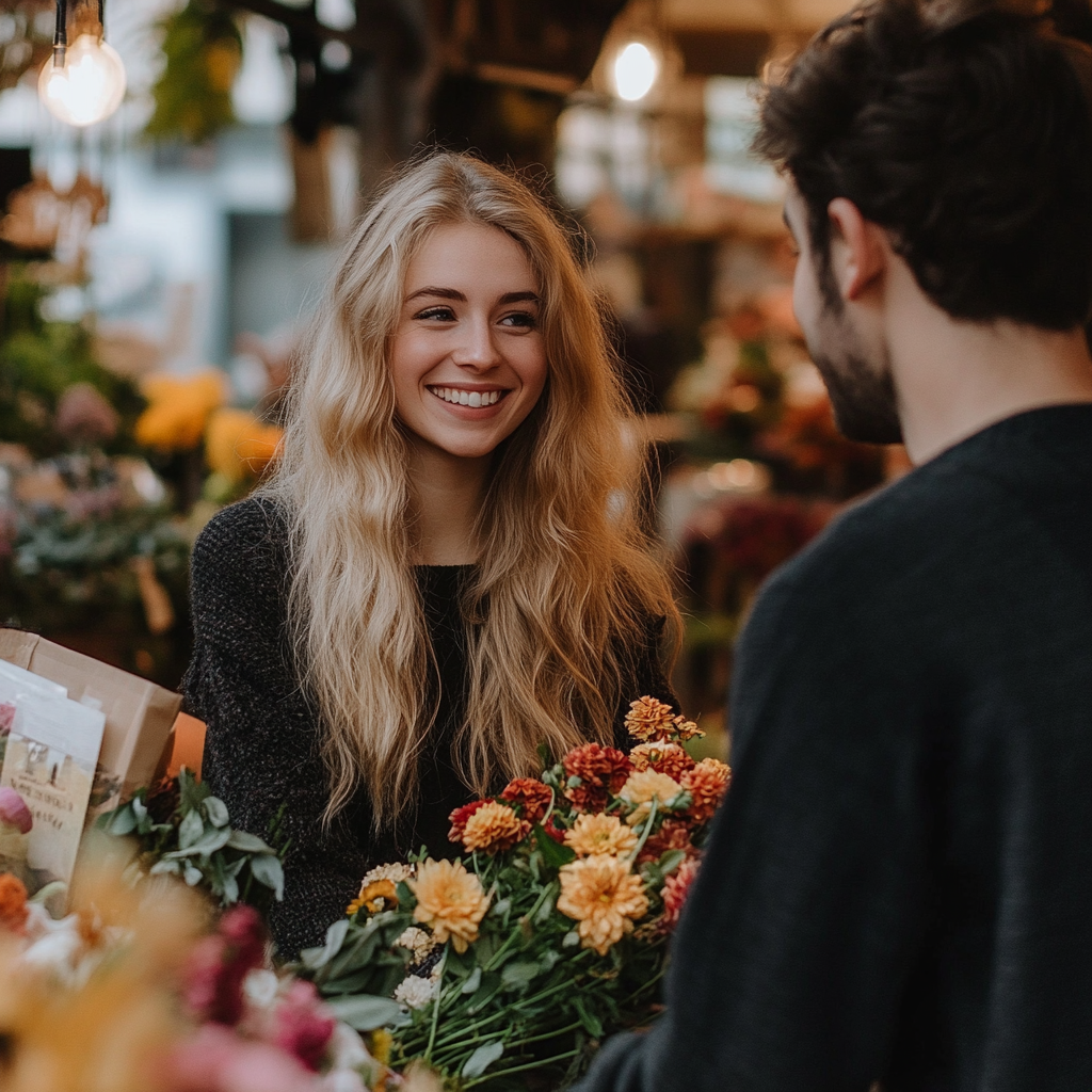 A woman talking to a man in a flower shop | Source: no source