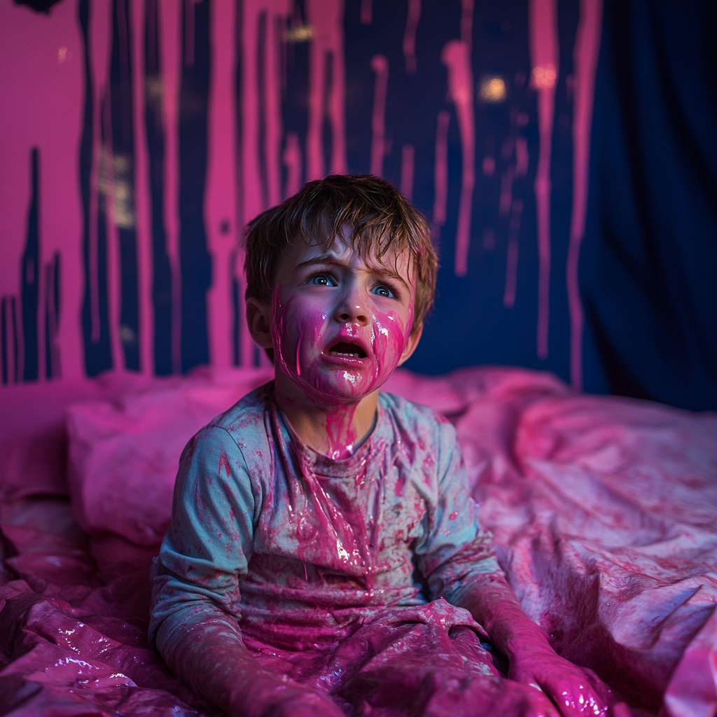 An upset child covered in pink paint | Source: no source
