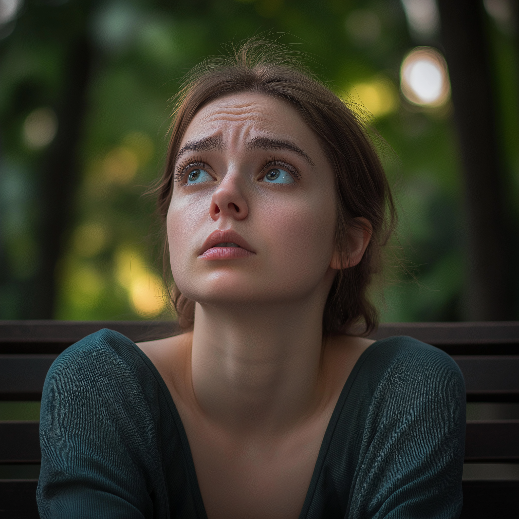 A woman looking a bit concerned and emotional while sitting on a bench in a park | Source: no source