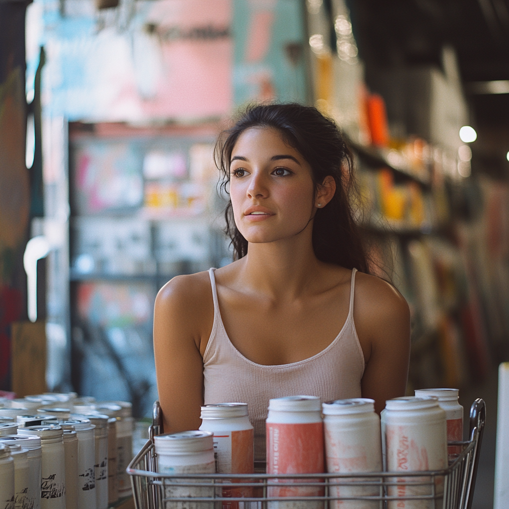 A woman with paint cans | Source: no source