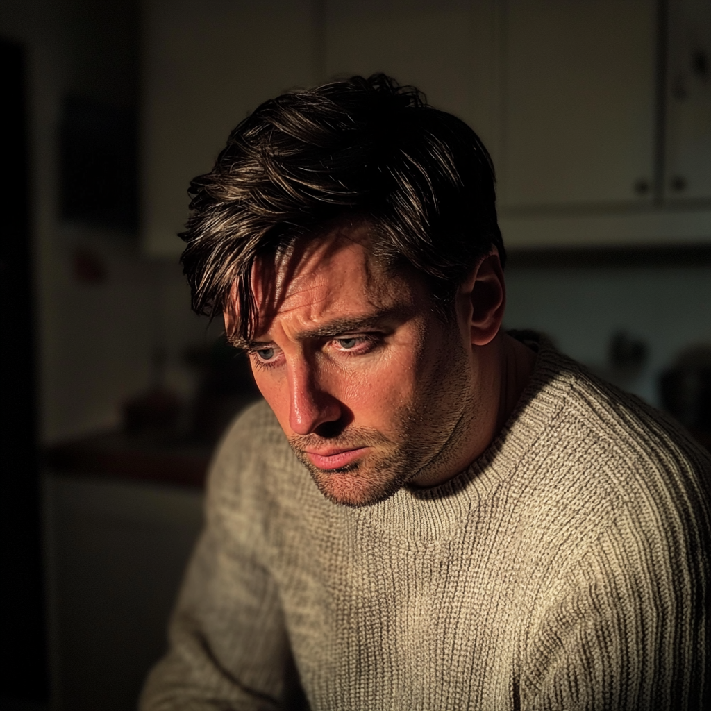An upset man in a kitchen | Source: no source