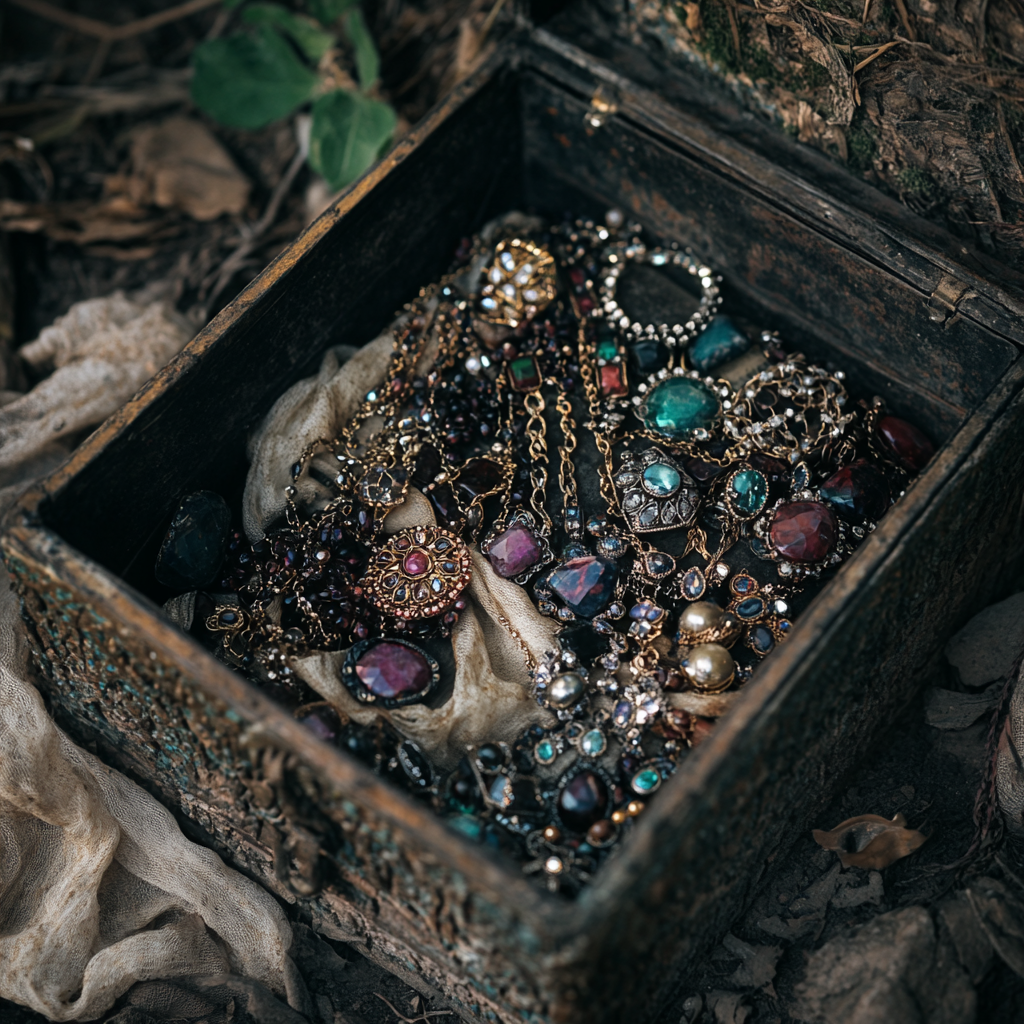 A closeup of an old metal box containing jewelry items lying in a garden | Source: no source